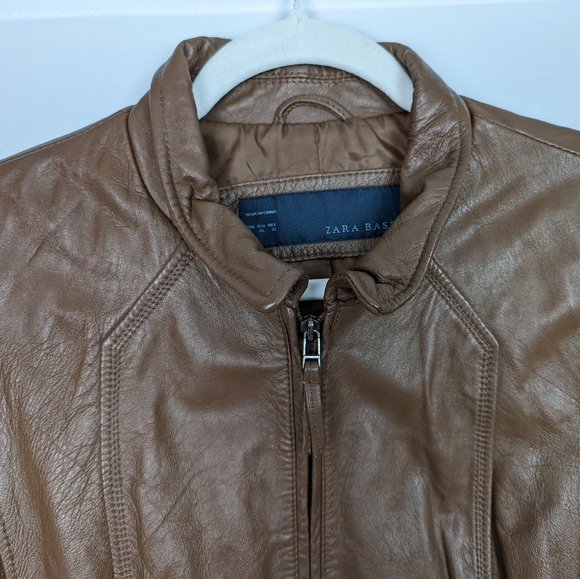 ZARA Basic XL Lambs Leather Brown Tan Moto Jacket Coat Crop Zipper Sleeves - Picture 3 of 9